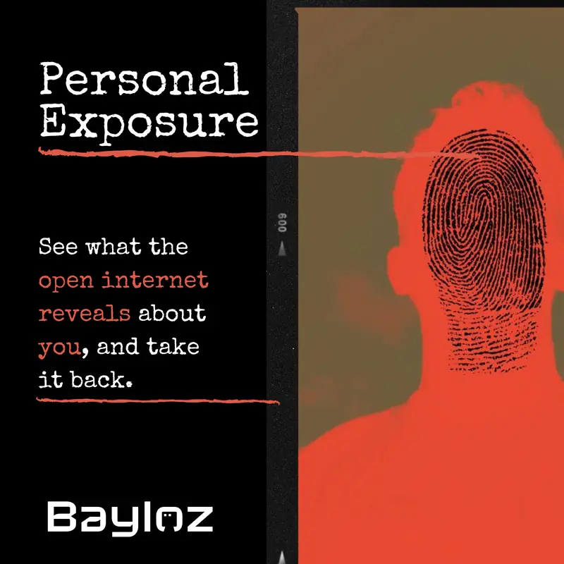 Bayloz campaign poster for Personal Exposure: a fingerprint printed across a red silhouette.