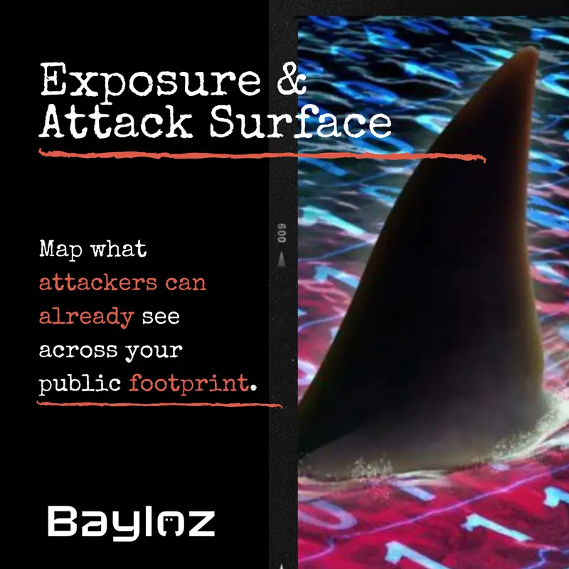 Bayloz campaign poster for Exposure and Attack Surface: a shark fin cutting through neon-lit water.